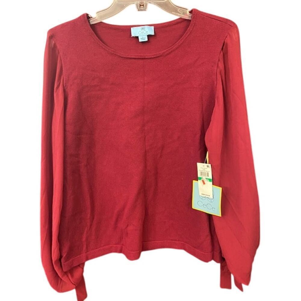 CeCe Chiffon Tie Sleeve Sweater‎ In Rich Merlot Sz Large